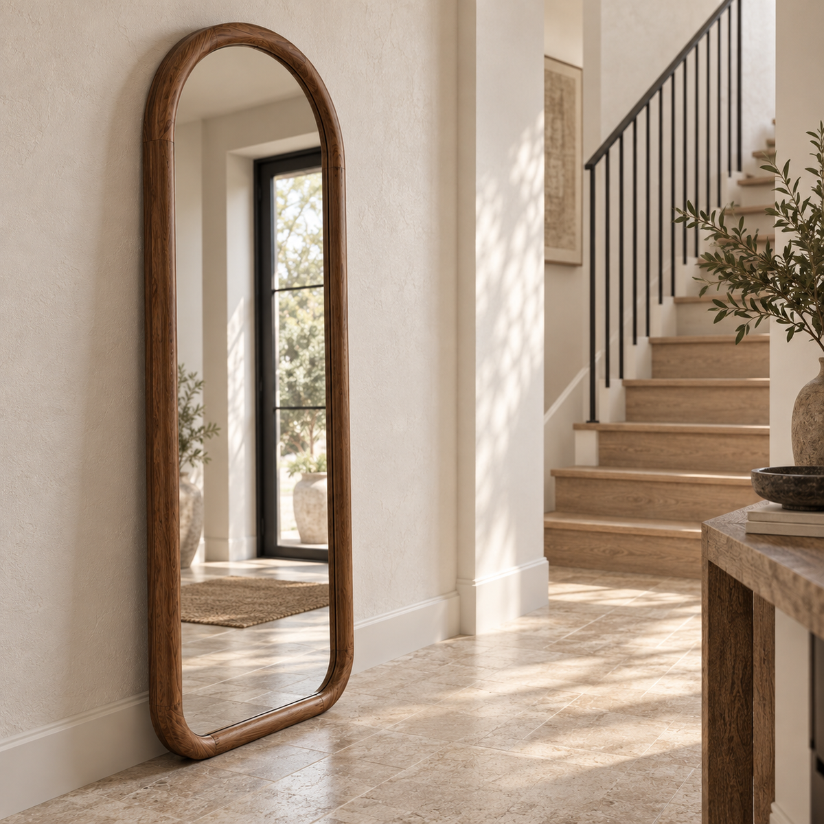 Boogspiegel Hout - 180x70cm - Staand & hangsysteem - Walnoot eiken