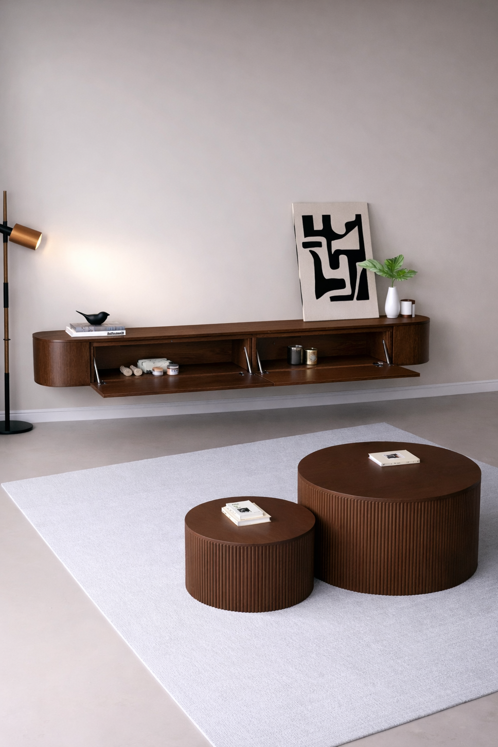 Chic Curve Ronde TV Meubel 180cm - Zwevend – Walnoot eiken