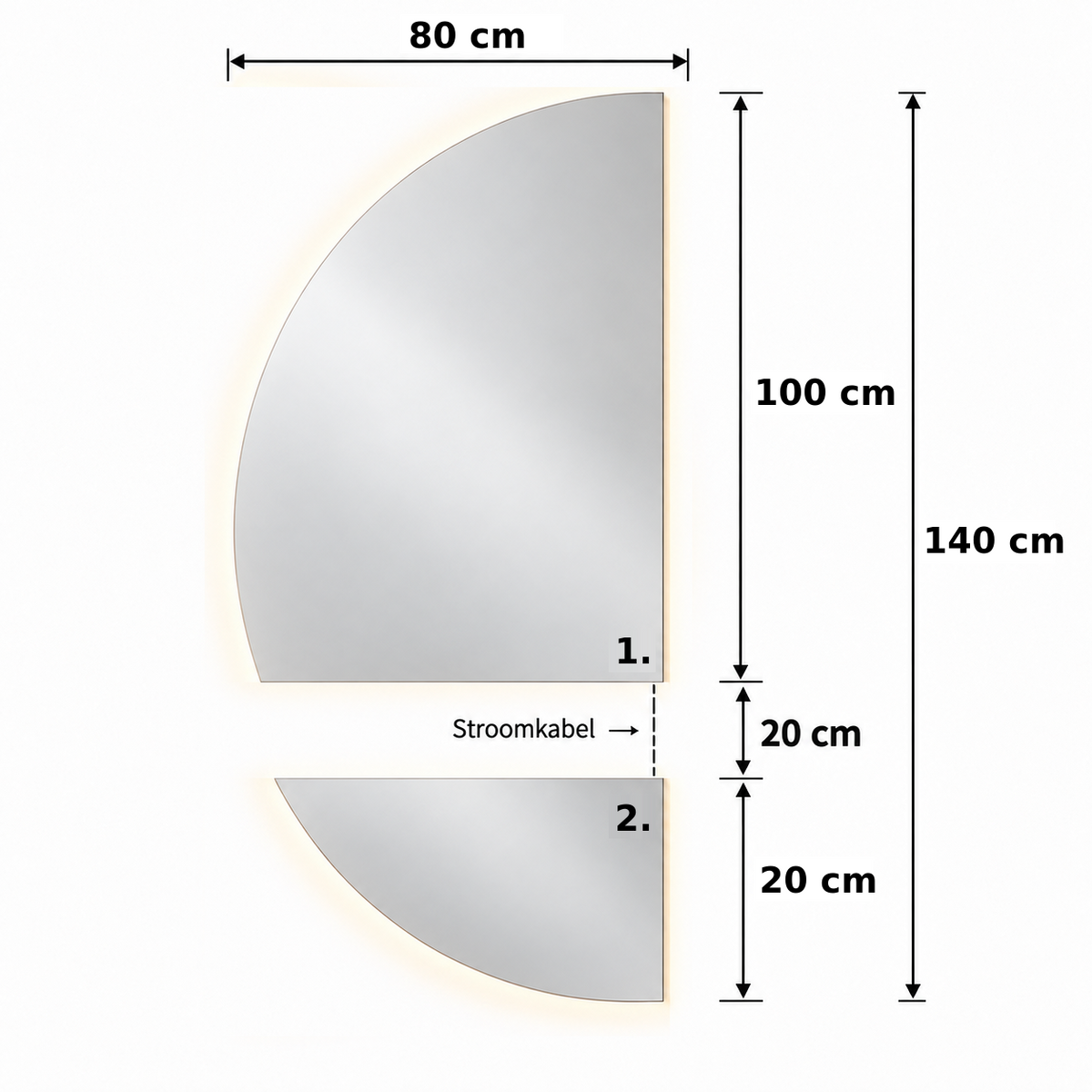 Halve Maan Spiegel Lys – LED Verlichting - tweedelig - 140 x 80cm - Ronding Links