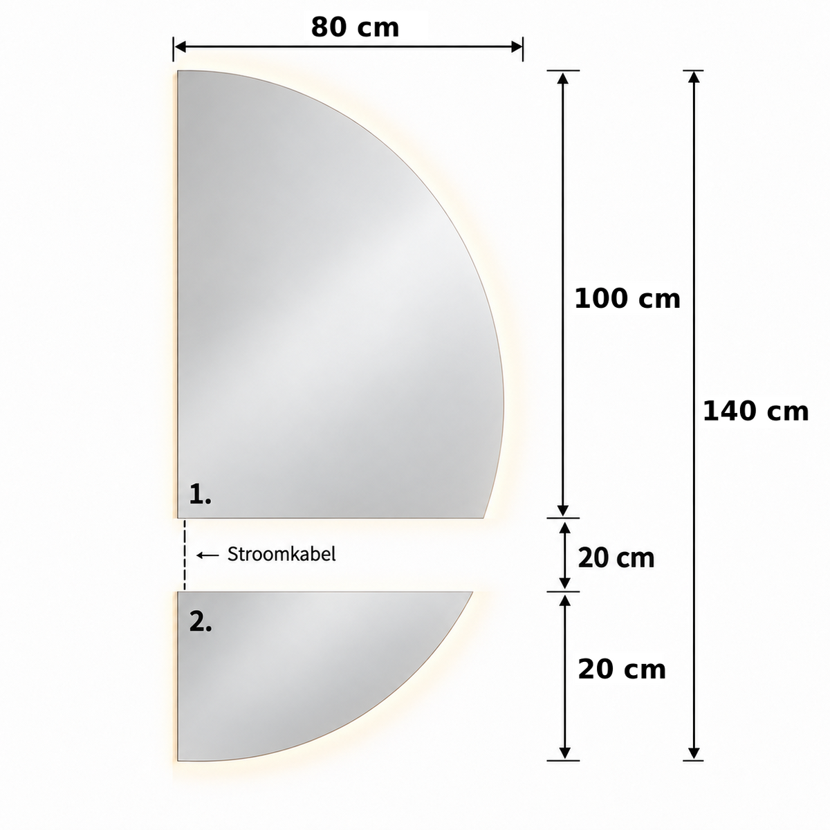 Halve Maan Spiegel Lys – LED Verlichting - tweedelig - 140 x 80cm - Ronding Rechts