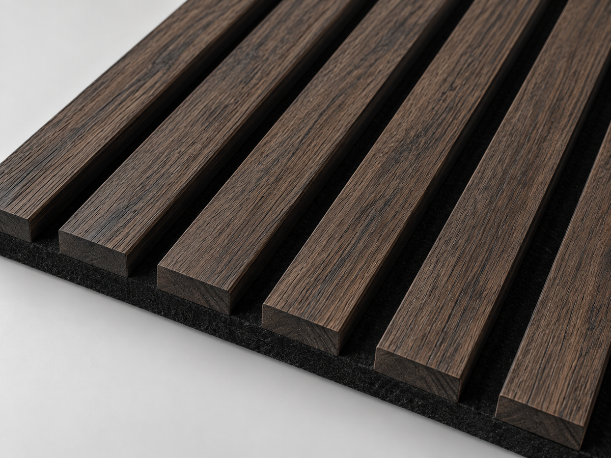 Akoestische wandpanelen - 280 x 60 x 2.2 cm - Gerookt Eiken - Lattenwand - Akupanel - 3 zijdig houtfineer