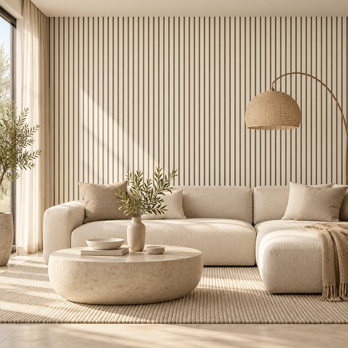 Akoestische wandpanelen - 280 x 60 x 2.2 cm - Beige mat op Beige vilt - Lattenwand - Akupanel - 3 zijdig