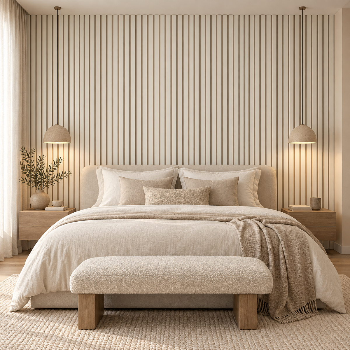 Akoestische wandpanelen - 280 x 60 x 2.2 cm - Beige mat op Beige vilt - Lattenwand - Akupanel - 3 zijdig