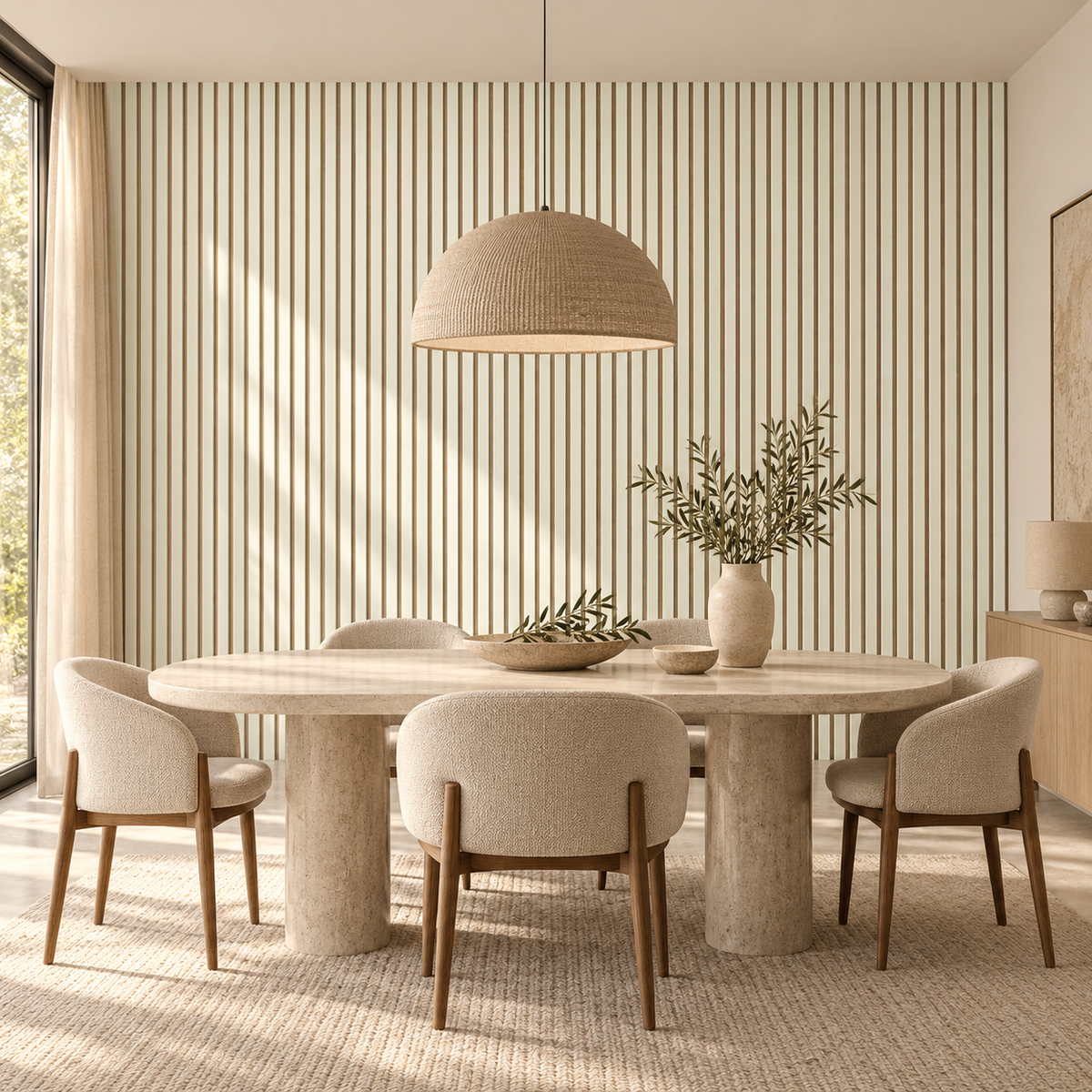 Akoestische wandpanelen - 280 x 60 x 2.2 cm - Beige mat op Beige vilt - Lattenwand - Akupanel - 3 zijdig