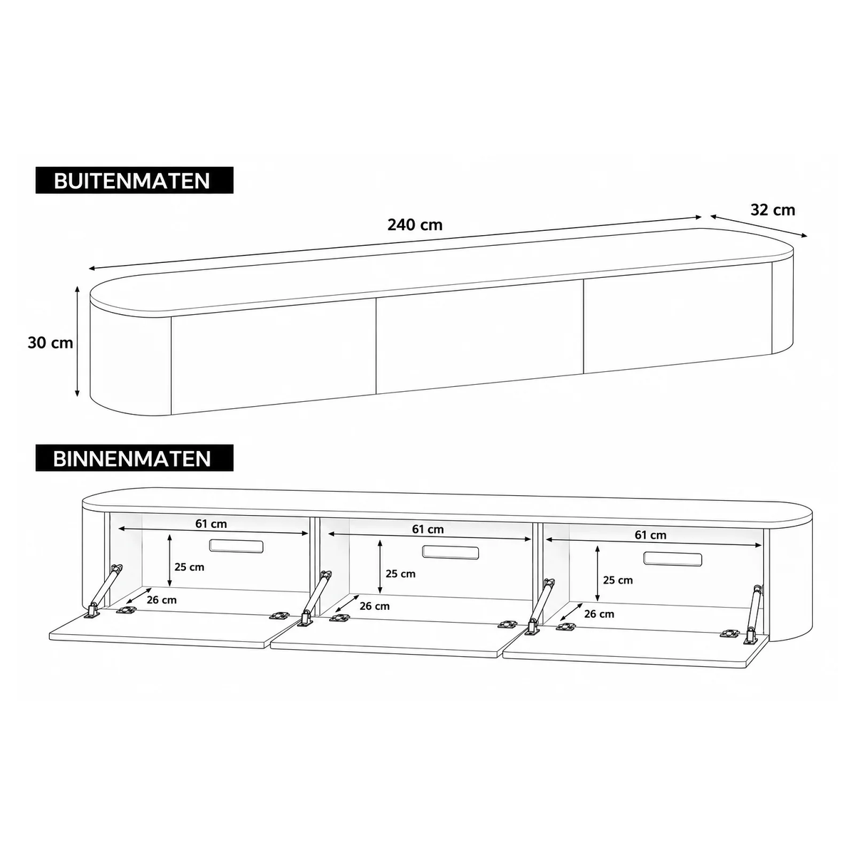 Chic Curve Ronde TV Meubel 240cm - Zwevend – Walnoot eiken