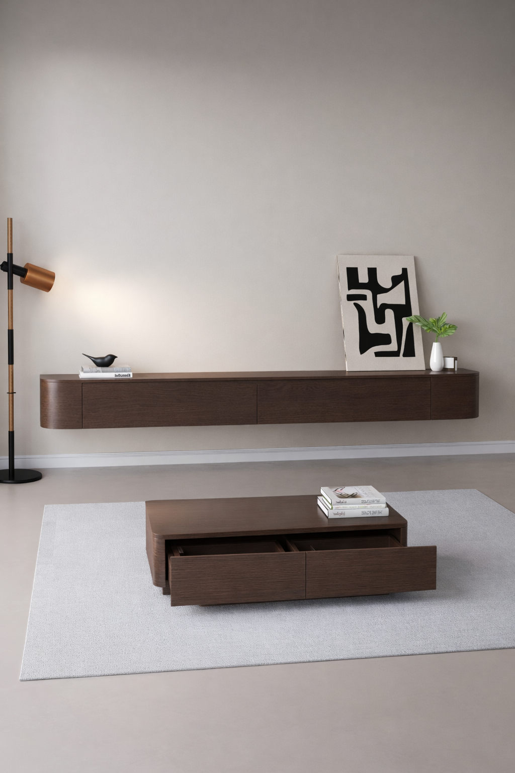 Chic Curve Ronde TV Meubel 180cm - Zwevend – Walnoot eiken