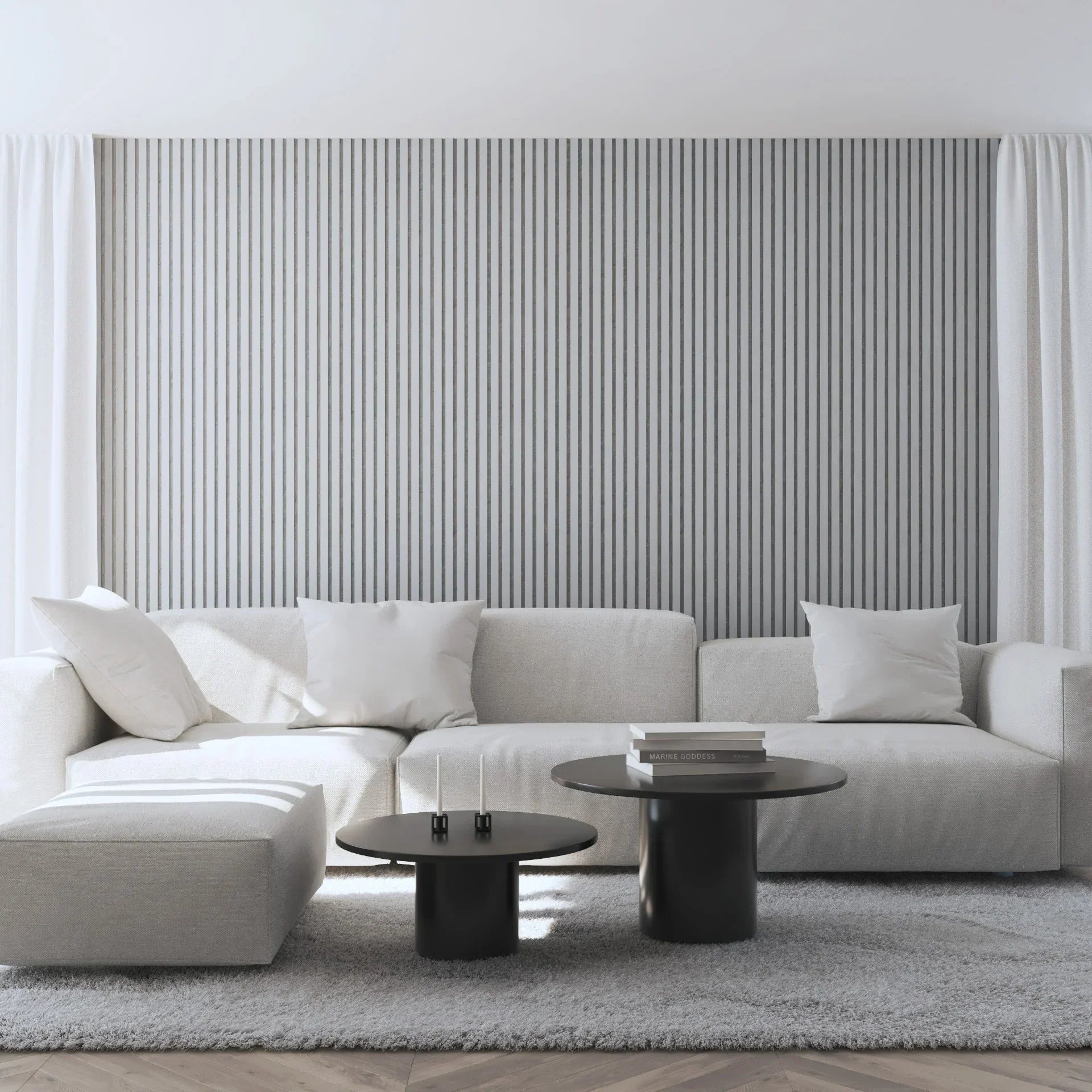 Akoestische wandpanelen - 280 x 60 x 2.2 cm - Wit Eiken met wit vilt - Lattenwand - Akupanel - 3 zijdig houtfineer