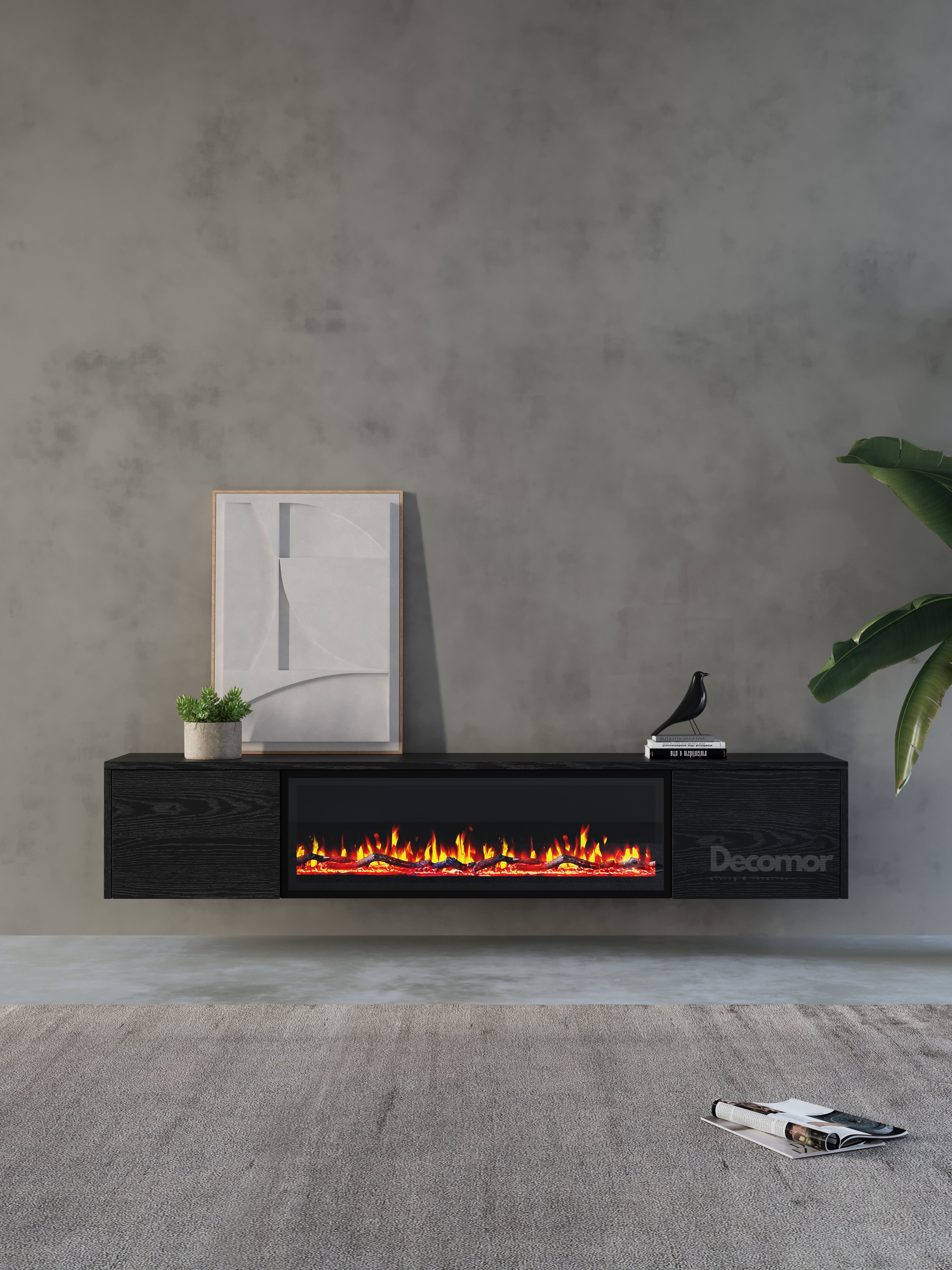 Chic TV Meubel met elektrische Sfeerhaard – 180cm – Zwart Eiken – Black Ash