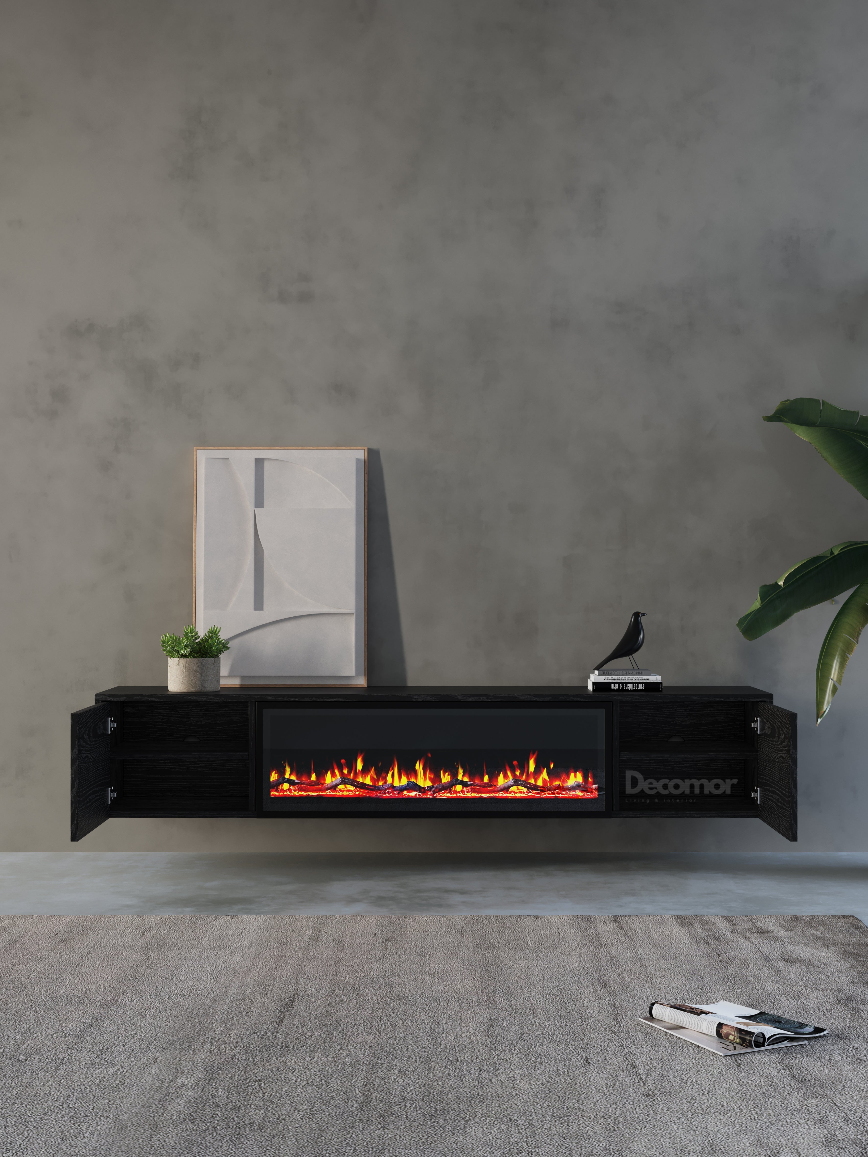 Chic TV Meubel met elektrische Sfeerhaard – 280cm – Zwart Eiken – Black Ash