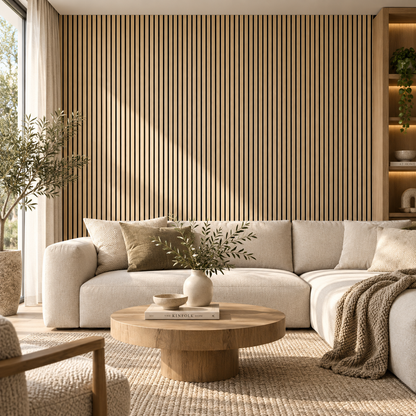 Akoestische wandpanelen - 280 x 60 x 2.2 cm - Rustiek Naturel Eiken - Lattenwand - Akupanel - 3 zijdig houtfineer