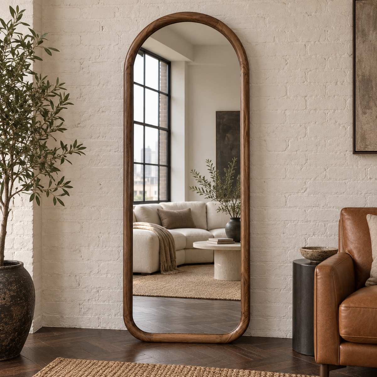 Boogspiegel Hout - 180x70cm - Staand & hangsysteem - Walnoot eiken