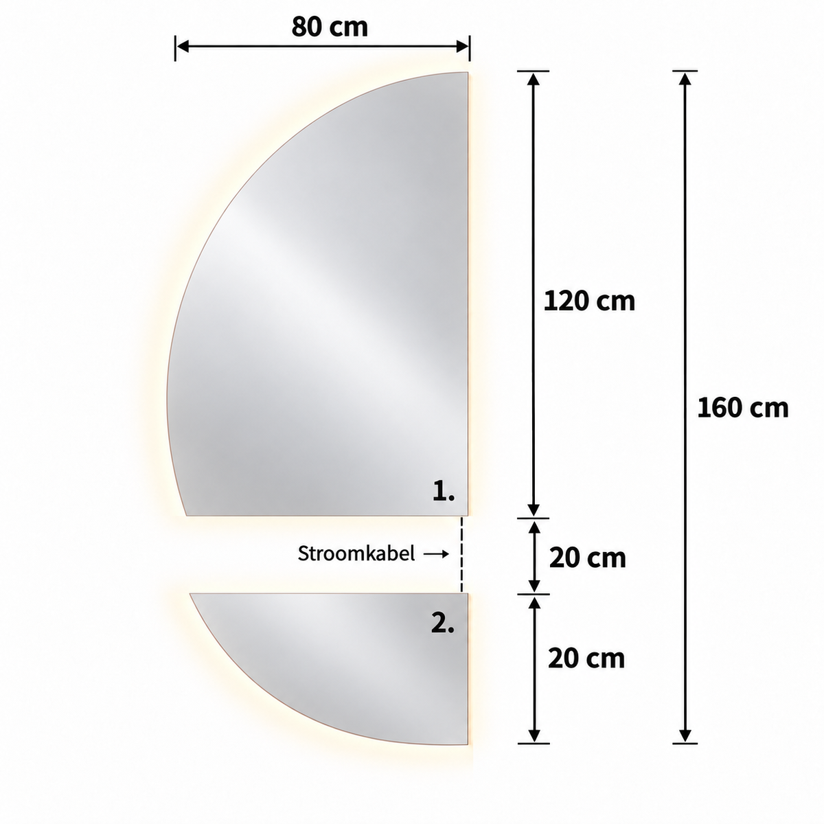 Halve Maan Spiegel Lys – LED Verlichting - tweedelig - 140 x 80cm - Ronding Links