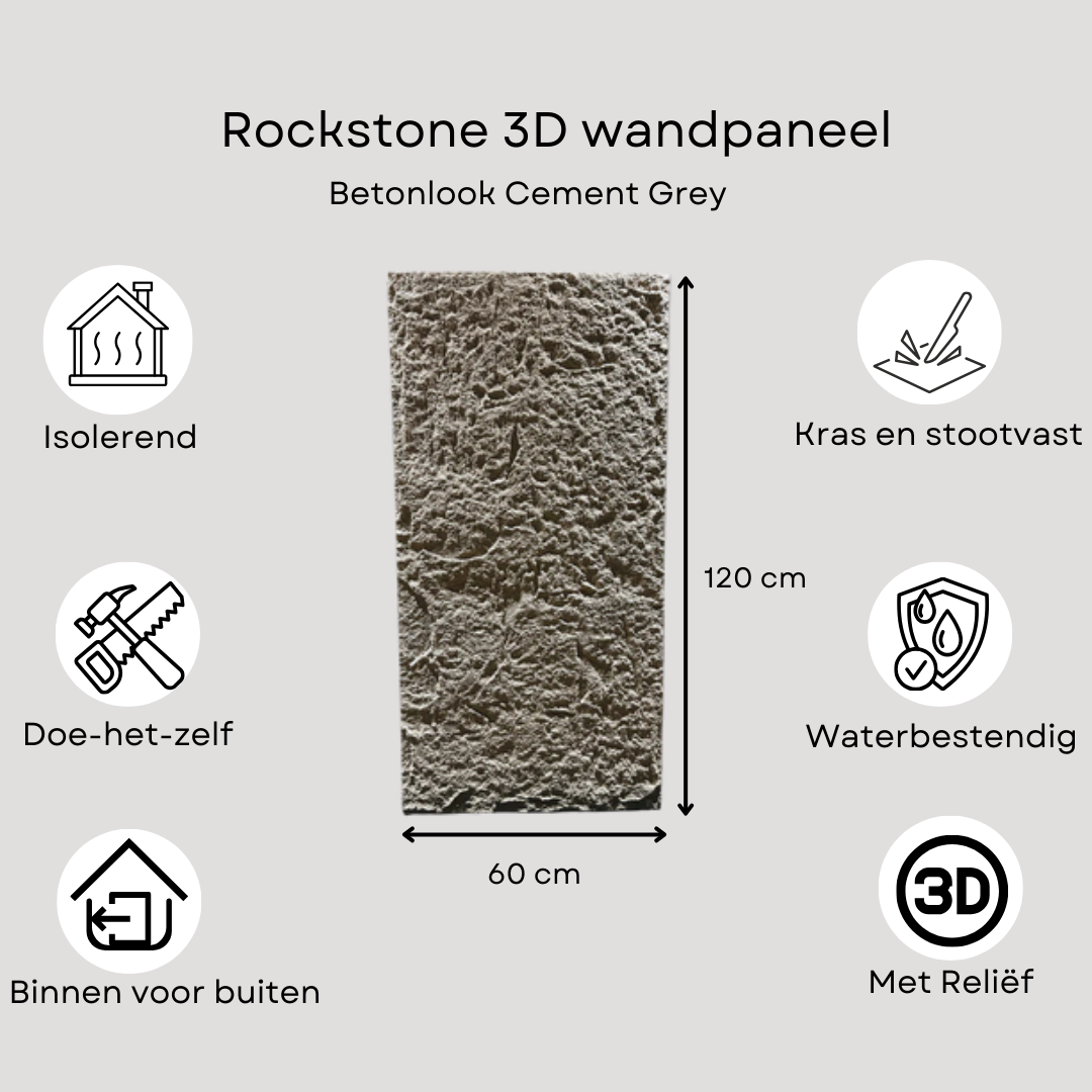 Rockstone 3D wandpaneel Rotswand Betonlook Cement Grey 120 x 60cm