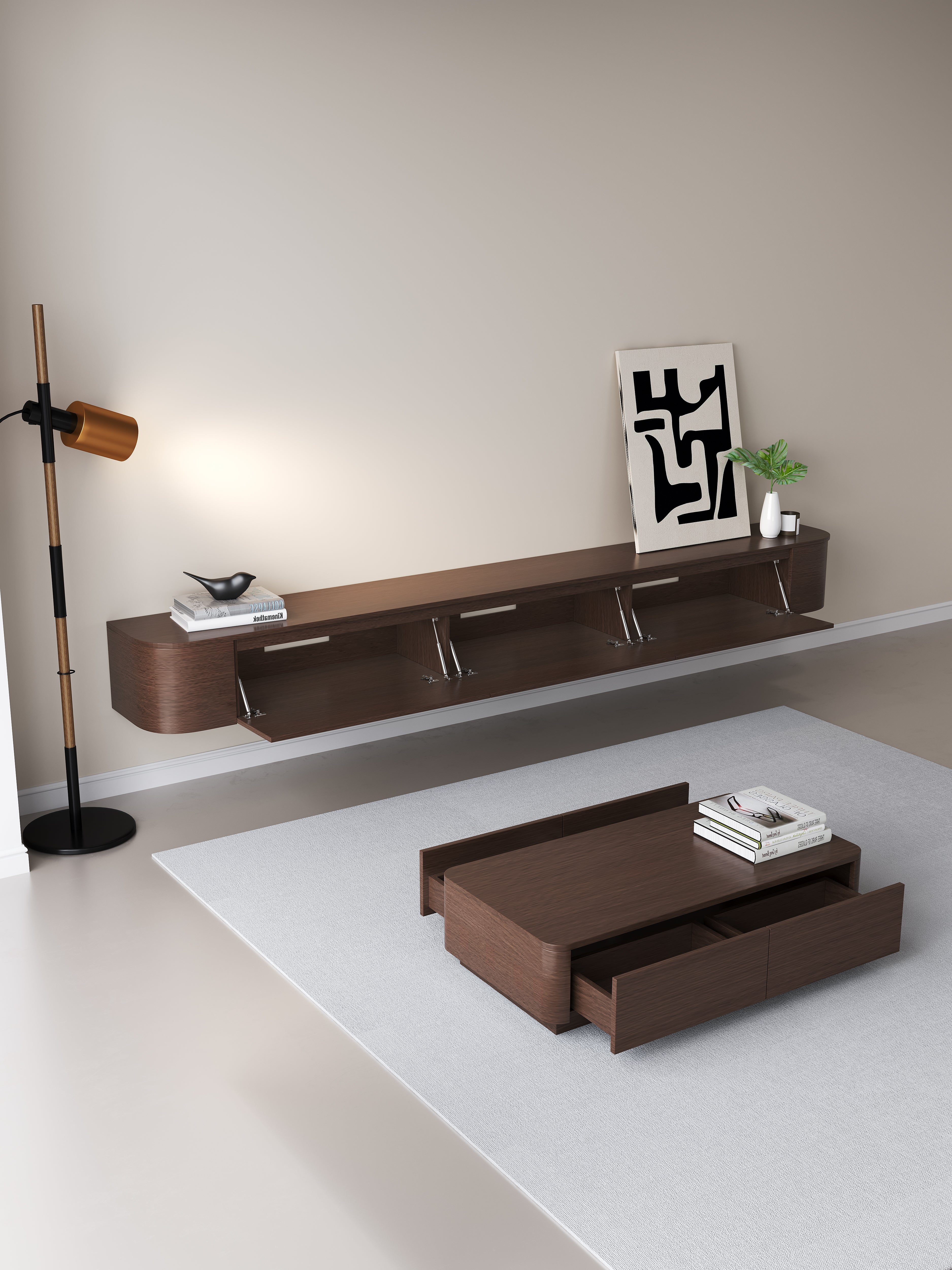 Chic Curve Ronde TV Meubel 272cm - Zwevend – Walnoot eiken