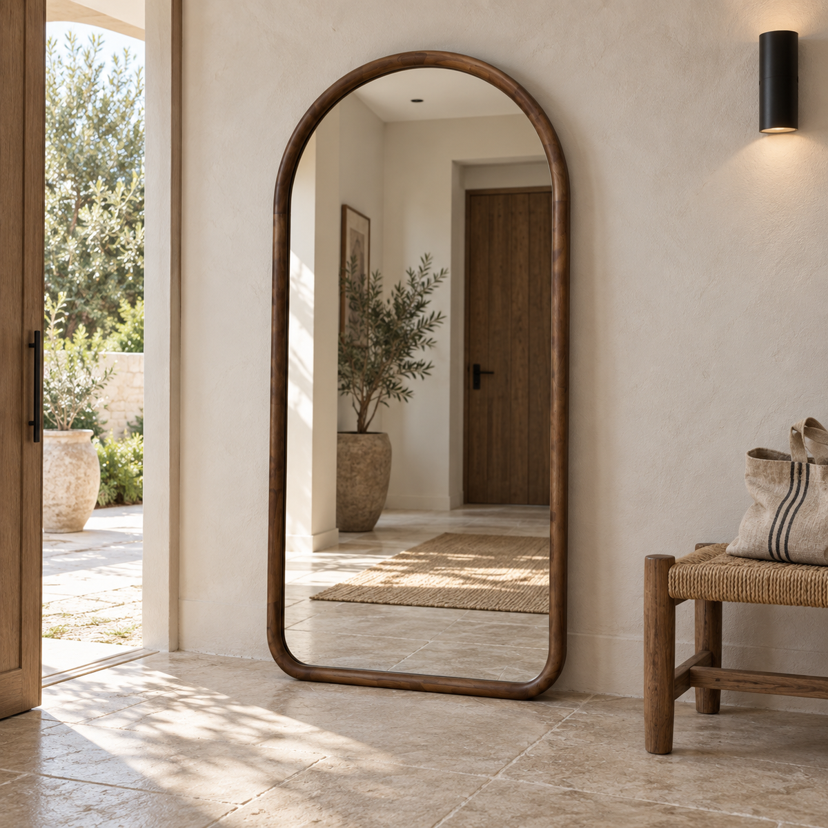 Boogspiegel Hout - 180x100cm - Staand & hangsysteem - Walnoot eiken