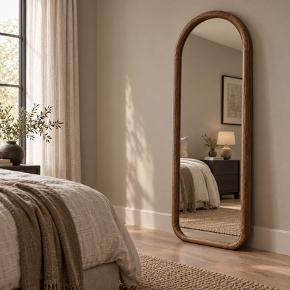 Boogspiegel Hout - 180x70cm - Staand & hangsysteem - Walnoot eiken
