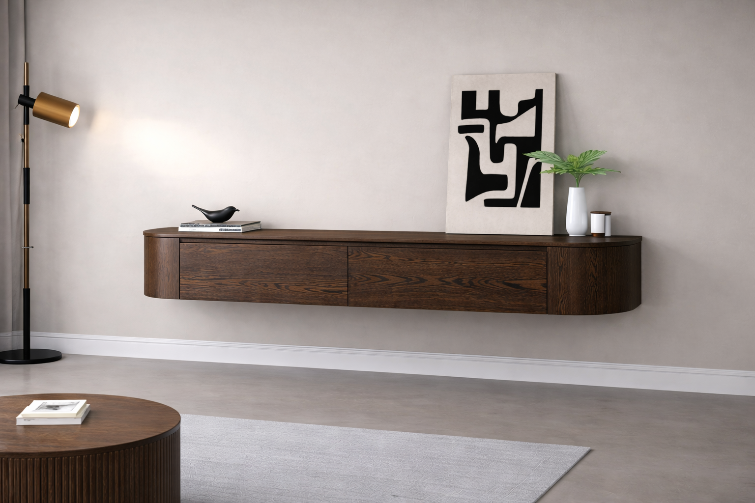 Chic Curve Ronde TV Meubel 180cm - Zwevend – Walnoot eiken