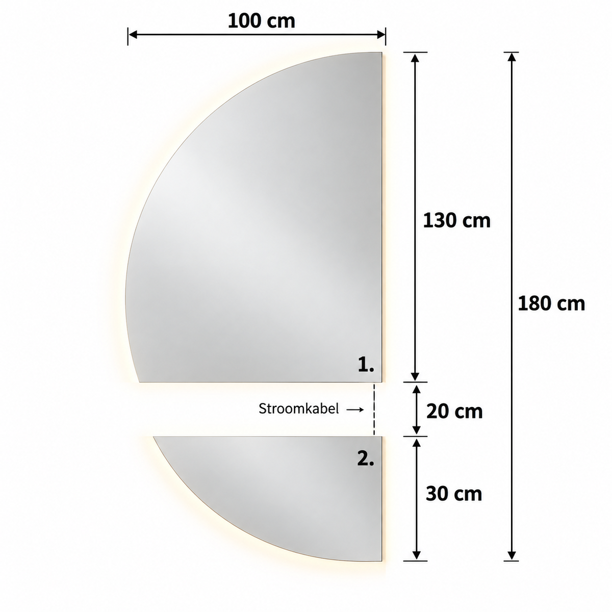 Halve Maan Spiegel Lys – LED Verlichting - tweedelig - 180 x 100cm - Ronding Links