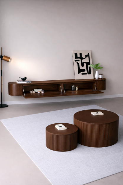 Chic Curve Ronde TV Meubel 180cm - Zwevend – Walnoot eiken