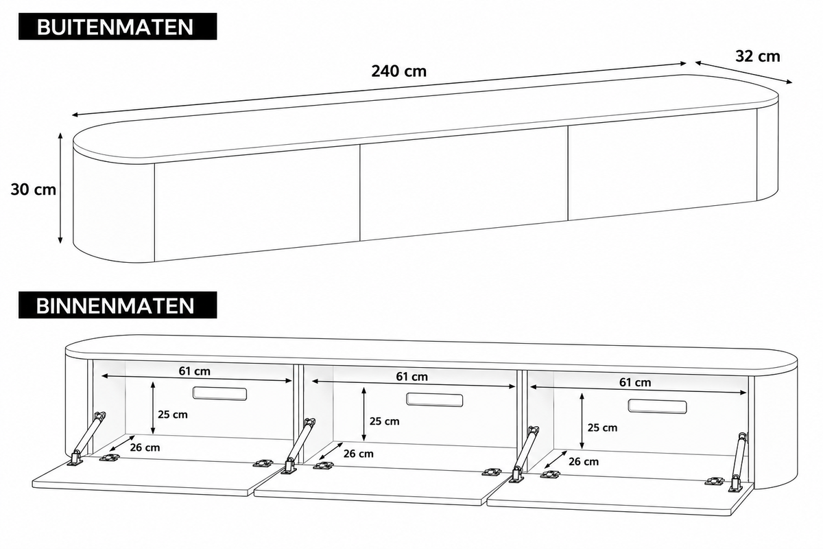 Chic Curve Ronde TV Meubel 240cm - Zwevend – Walnoot eiken