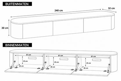 Chic Curve Ronde TV Meubel 240cm - Zwevend – Walnoot eiken