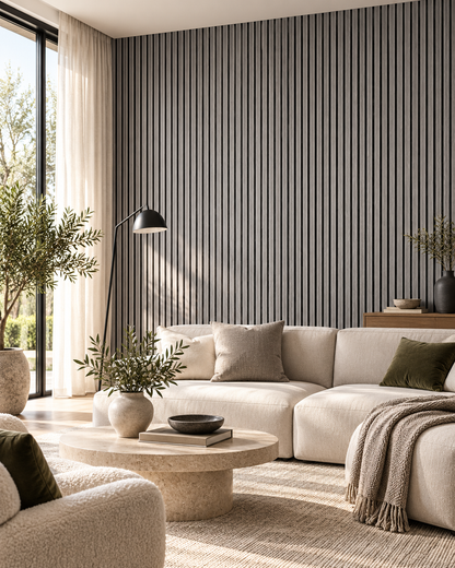 Akoestische wandpanelen - 280 x 60 x 2.2 cm - Grijs Eiken - Lattenwand - Akupanel - 3 zijdig houtfineer