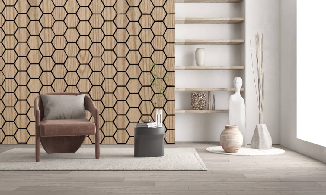 Hexagon – Akoestische wandpaneel - Rustiek Eiken 80 x 65 x 2cm